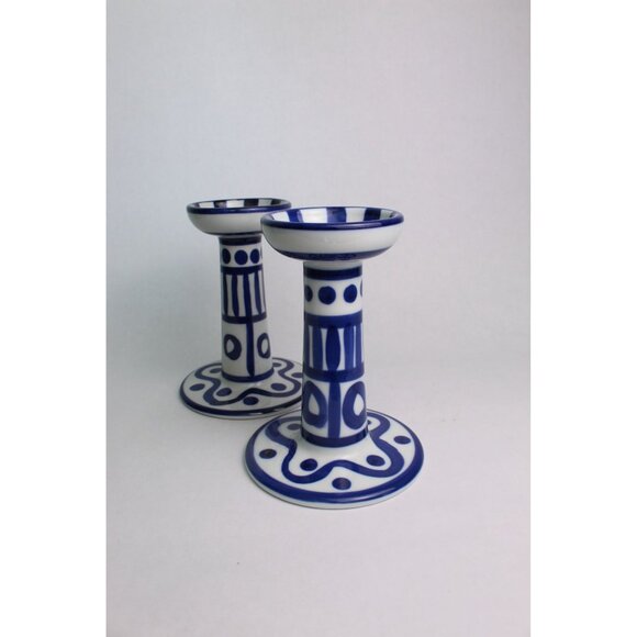 Vintage Dansk Blue & White Porcelain Candlestick Holders | Arabesque - Picture 2 of 10